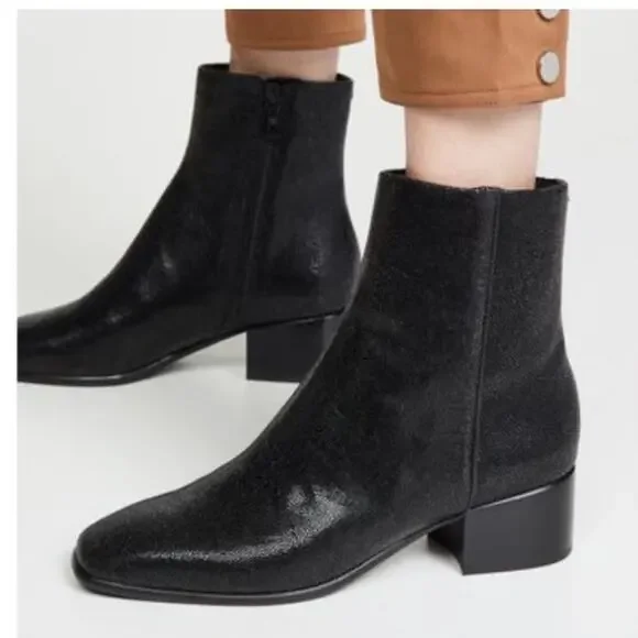 Rag & Bone Ashlen Black Pebbled Leather Midi Ankle Boots Square Toe Size 9 - Picture 1 of 12